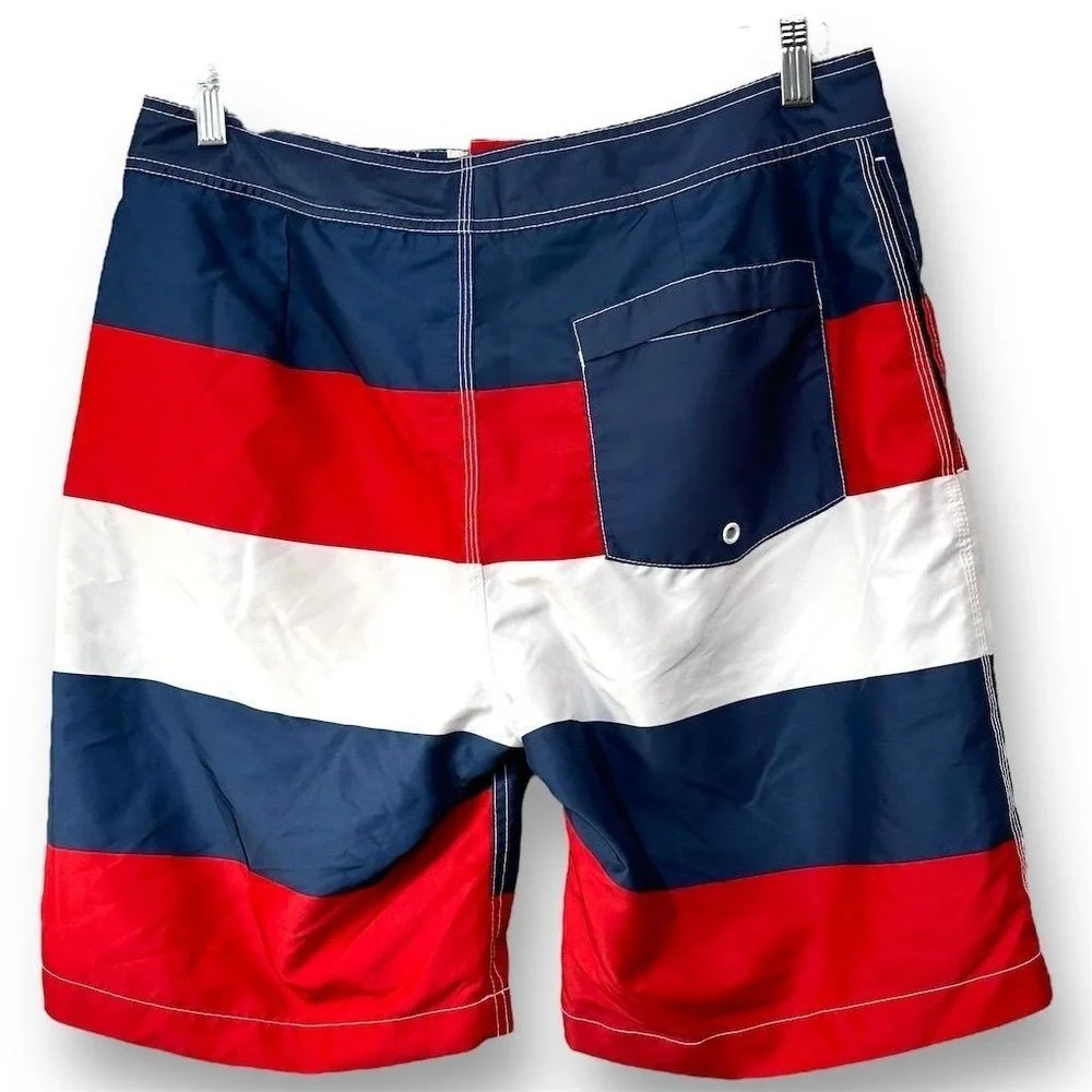 Men's Striped Swim Trunks Board Shorts Red White Blue Size M Beach‎ Resort